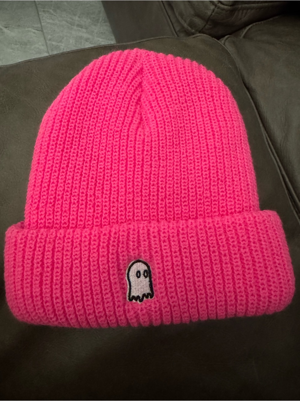LONELY GHOST Bright Pink Knit Beanie with Ghost Patch